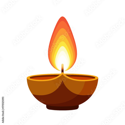 Diwali diya oil lamp with a bright flame burning.