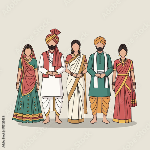 Illustration of diverse Indian people in traditional cultural attire.