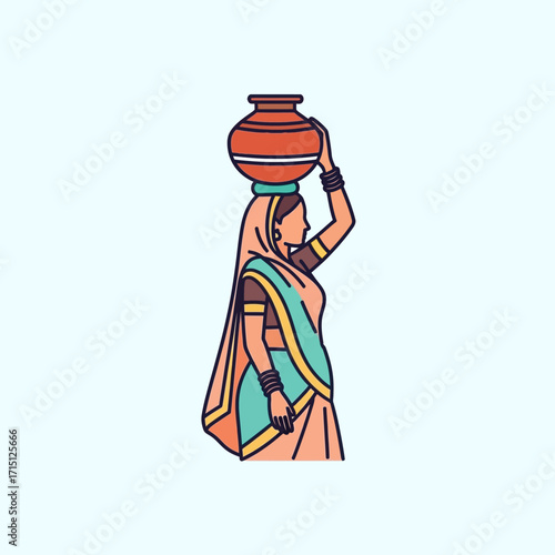 Indian woman carrying water pot on her head traditional attire cultural representation rural lifestyle daily routine.
