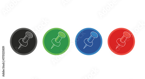 Collection of vibrant outlined pushpin icons on circular backgrounds, ideal for office supplies, stationery, or digital bulletin board graphic design elements
