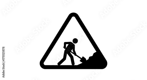A black and white vector icon of a road work sign showing a worker digging with a shovel inside a warning triangle, symbolizing an under construction area
