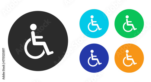 Set of universal accessibility icons, featuring a white wheelchair symbol on contrasting dark and vibrant colored circular backgrounds, promoting inclusion and barrier-free access