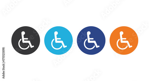 A diverse set of colorful circular icons featuring the international wheelchair symbol for disability and accessibility concepts