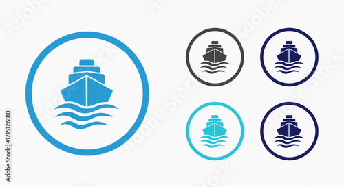 Set of ship icons on water waves, representing maritime transportation, sea travel, and nautical voyages. Simple flat vector logo for logistics and cruise concepts