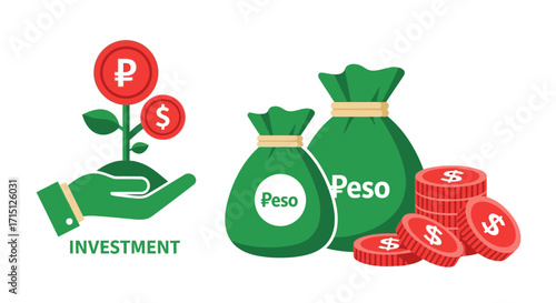 Financial investment and growth of money illustrated with coins and money bags, symbolizing wealth and earnings
