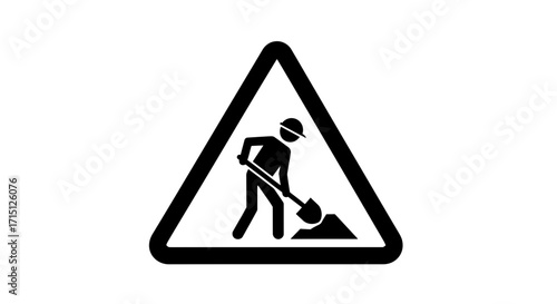 Vector graphic of a worker with a shovel within a triangular warning sign, indicating ongoing construction, road maintenance, or development, a universal symbol for caution and work zones