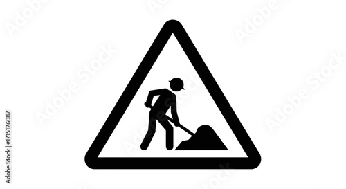 Simple black and white vector graphic of a men at work sign, a universal safety warning symbol for road construction, maintenance and excavation