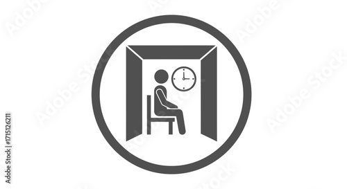 Icon depicting a person sitting in a waiting room with a clock on the wall, symbolizing appointments, queues, and the patient anticipation of a service or event