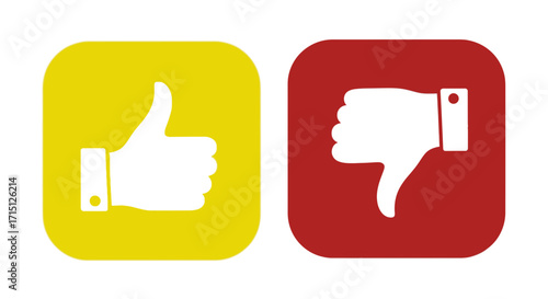 Like and dislike web buttons with thumbs up and thumbs down hand gestures on yellow and red backgrounds