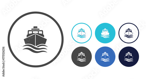 Set of vector graphics of a ship sailing on the ocean, in multiple color variations, perfect for maritime themes and nautical designs