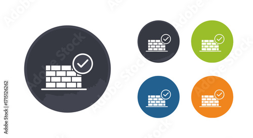 Vector illustrations of a secure brick wall with a checkmark, symbolizing digital firewall protection, network security, and verified system integrity