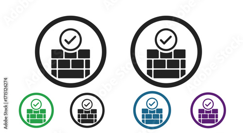 Two black circular icons with a check mark over a brick wall symbol inside, representing security and protection with smaller colorful versions below