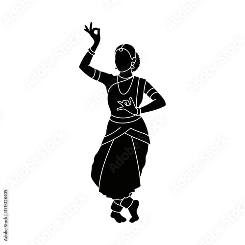 Silhouette of a graceful Indian dancer in traditional attire performing a classical dance pose.