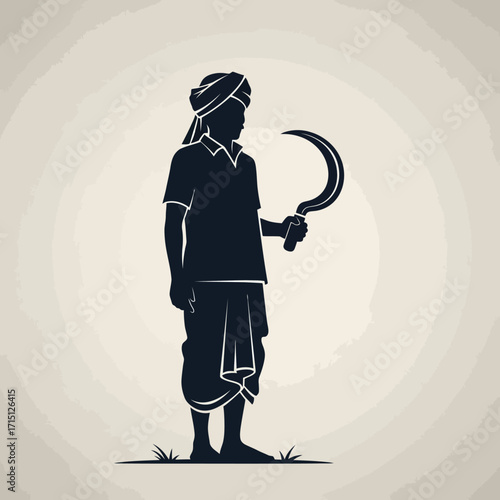 Silhouette of a Farmer Holding a Sickle in Traditional Attire.