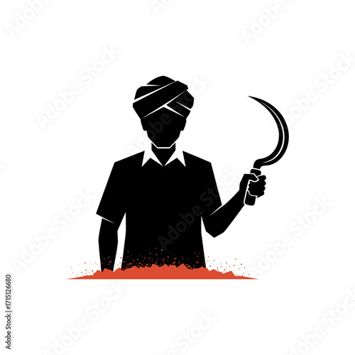 Silhouette of an Indian farmer holding a sickle symbolizing agriculture and rural life.