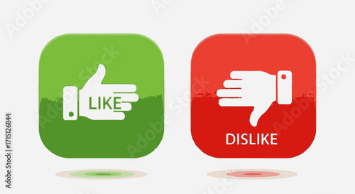 Set of green thumbs up and red thumbs down icons representing like and dislike for social network feedback and user ratings