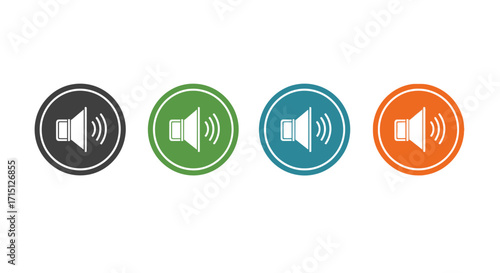 Vector illustration of a colorful sound icon set featuring speaker symbols for volume adjustment on a web or mobile application interface