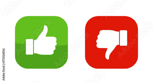 Decision-making graphic set with distinct green positive thumbs-up and red negative thumbs-down icons, symbolizing choice, feedback, and opinion for digital interfaces
