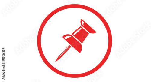A striking red thumbtack icon symbolizing attachment, fastening, or marking a point on a surface, presented within a circular boundary