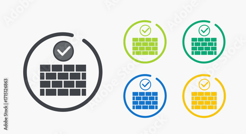 Cybersecurity Icons Secure Firewall Symbol with Check Mark in Multiple Colors for Digital Protection