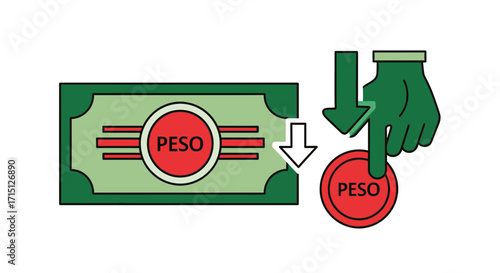 Financial illustration depicting peso currency devaluation, showing a decrease in its value with a banknote and a hand pressing a coin, representing economic impact