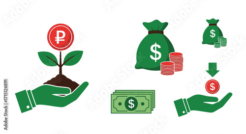 Financial Growth and Investment Concept with Hands Holding Money and Plants Symbolizing Wealth Accumulation and Profitability