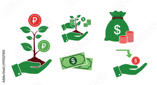 Investing Growth Money Tree Icons for Financial Success