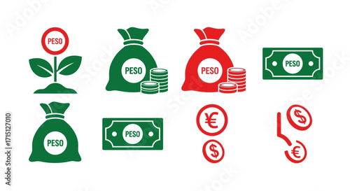 Vector icon set of the Peso currency symbolizing financial concepts like investment growth, savings, and economic exchange with dollar and euro money symbols