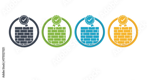 A collection of four colorful circular icons depicting a brick wall with a certified quality checkmark, representing approved security and firewall protection