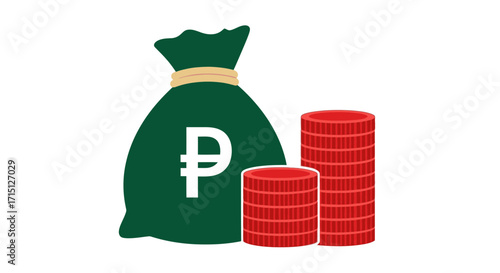 A large dark green money bag with the Philippine Peso symbol and stacks of red coins next to it, symbolizing finance and wealth