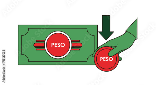 Financial concept of Peso currency exchange, showing a green banknote and a red coin being inserted, illustrating monetary transactions