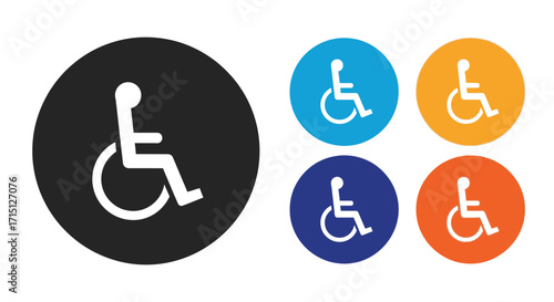 Vibrant set of circular icons, each displaying the universal wheelchair symbol to denote accessibility and promote inclusive design for individuals with disabilities
