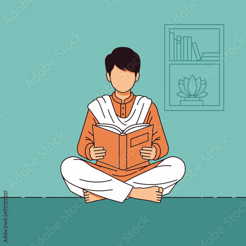 Young man in traditional Indian attire reading a book.