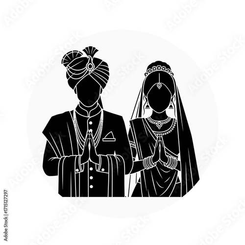 Black and white silhouette of a traditional Indian wedding couple.