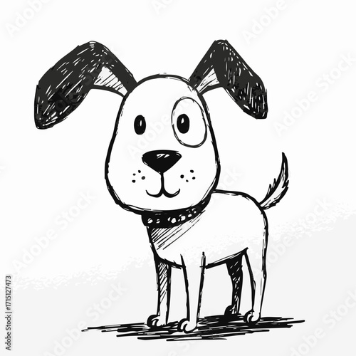 A charming hand-drawn sketch of a happy cartoon dog with floppy ears and a playful expression.