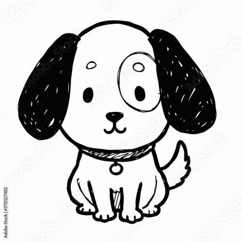 A charming black and white doodle of a cute puppy sitting and looking forward with floppy ears and a collar.