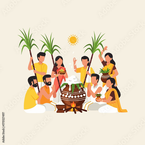Celebration of Pongal a South Indian harvest festival featuring a family gathering around a bonfire with traditional food and sugarcane stalks.