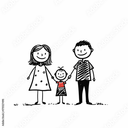 A simple, charming hand-drawn illustration of a happy family of three standing together outdoors.