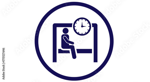 Vector icon of a person sitting on a bench under a clock, symbolizing waiting time, patience, or a scheduled appointment