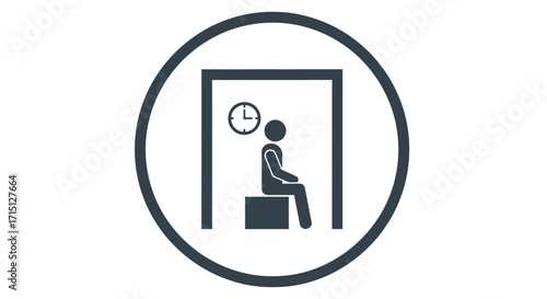 Vector icon of a person sitting in a waiting room area with a clock, symbolizing patience, queuing, and appointments