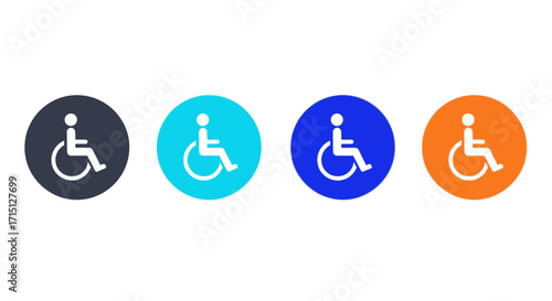 Diverse set of colorful circular icons featuring white wheelchair symbols, signifying universal accessibility and disability access for inclusive public design