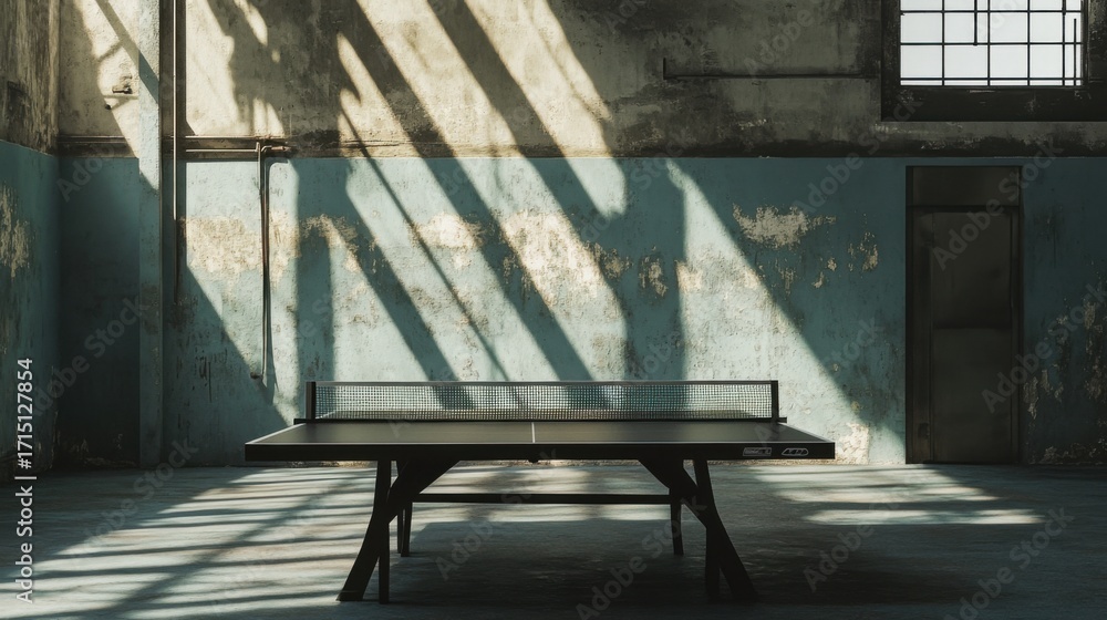 Obraz premium Ping Pong Table in an Abandoned Warehouse Bathed in Sunlight Shadows