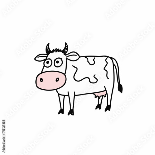 A simple, hand-drawn illustration of a cartoon cow with black spots and large, wide eyes.