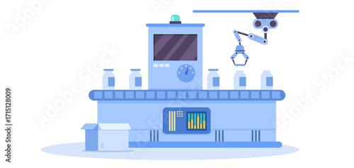 Robotic arm operates over a conveyor line with bottles and a control panel in flat style on white background. Concept of pharmaceutical automation. Vector illustration