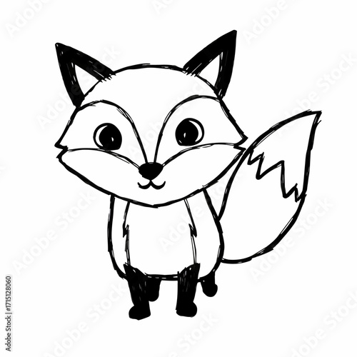 A charming black and white sketch of a cute cartoon fox with big eyes and a bushy tail.