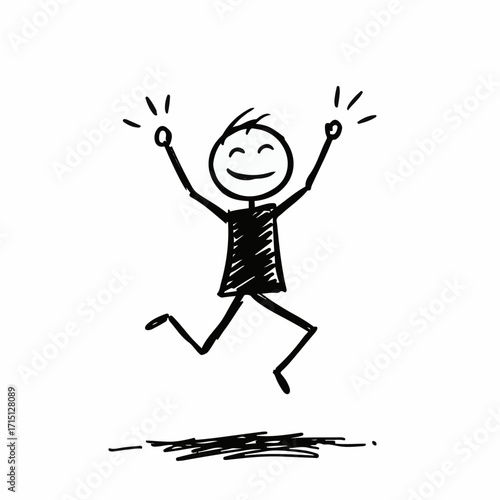 A simple black and white drawing of a stick figure jumping with joy and excitement.