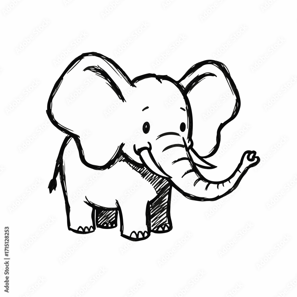 Fototapeta premium A charming hand-drawn sketch of a baby elephant with large ears and a playful trunk.