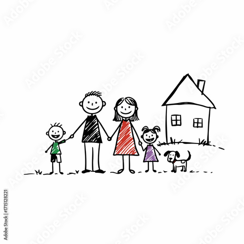 A simple, hand-drawn illustration of a happy family with two children and a dog standing in front of their house.