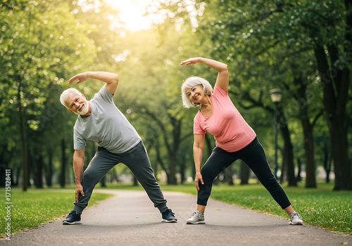 Active Senior Couple Enjoying Morning Exercise Routine Outdoors in Sunny Park