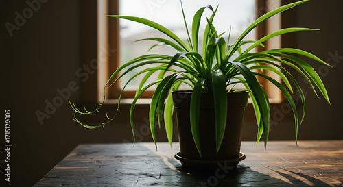Spider Plant Delight A vibrant houseplant sits near a window, illuminated by soft sunlight on a wooden table